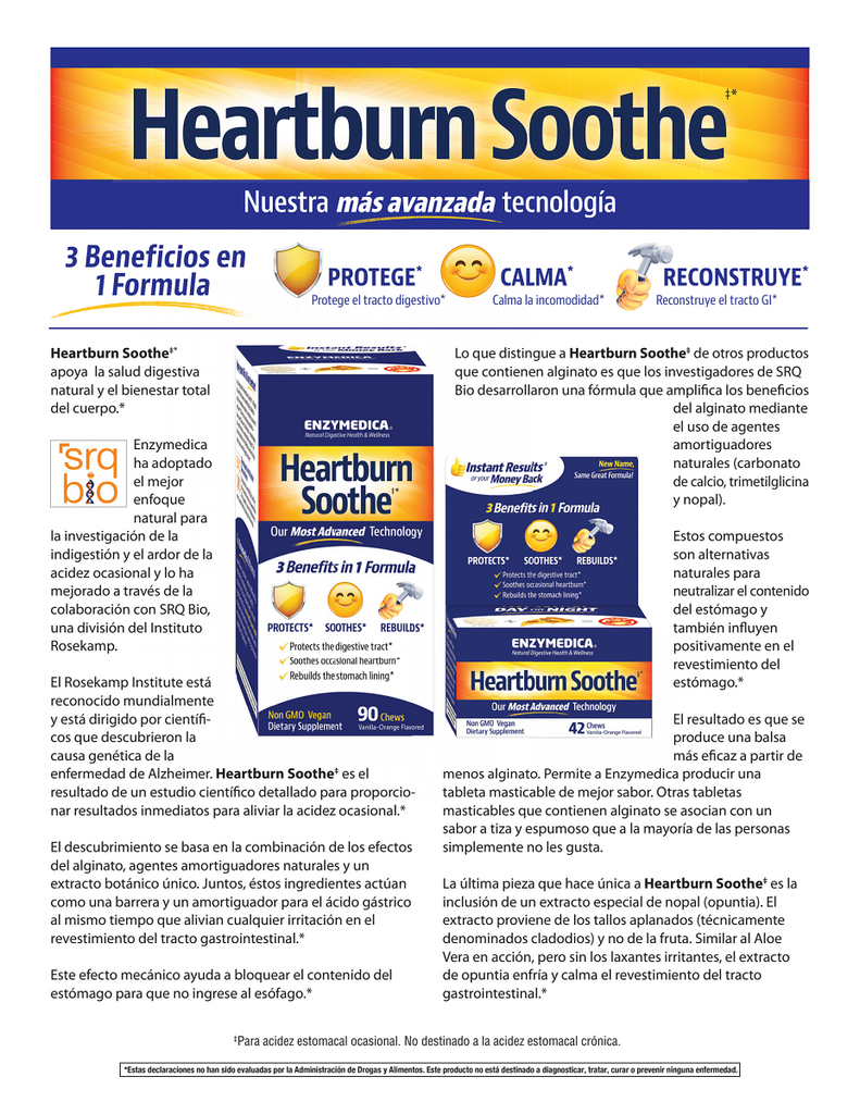 Enzymedica, Heartburn Soothe 42 and 90 Chews Info Sheet