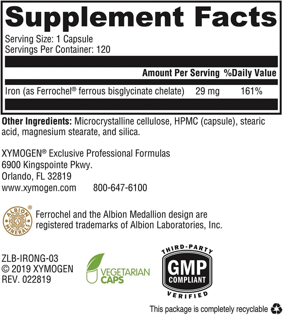 XYMOGEN, Iron Glycinate 120 Capsules Ingredients
