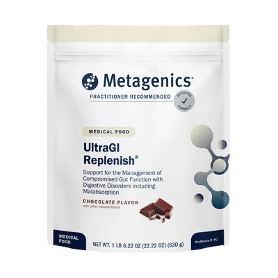 Metagenics UltraGI Replenish medical food pouch, chocolate flavor, 14 servings, front of package
