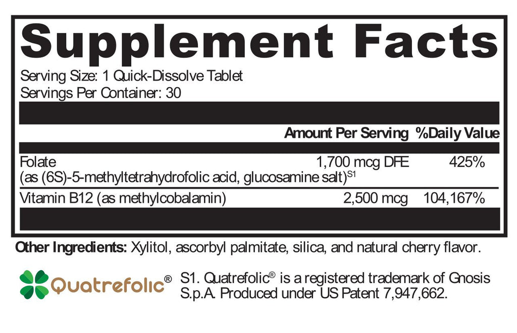 XYMOGEN, 5-MTHF Plus B12 Cherry 30 Tablets Ingredients