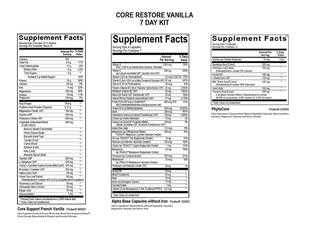 Ortho Molecular, Core Restore® 7-Day Kit (Vanilla) Ingredients