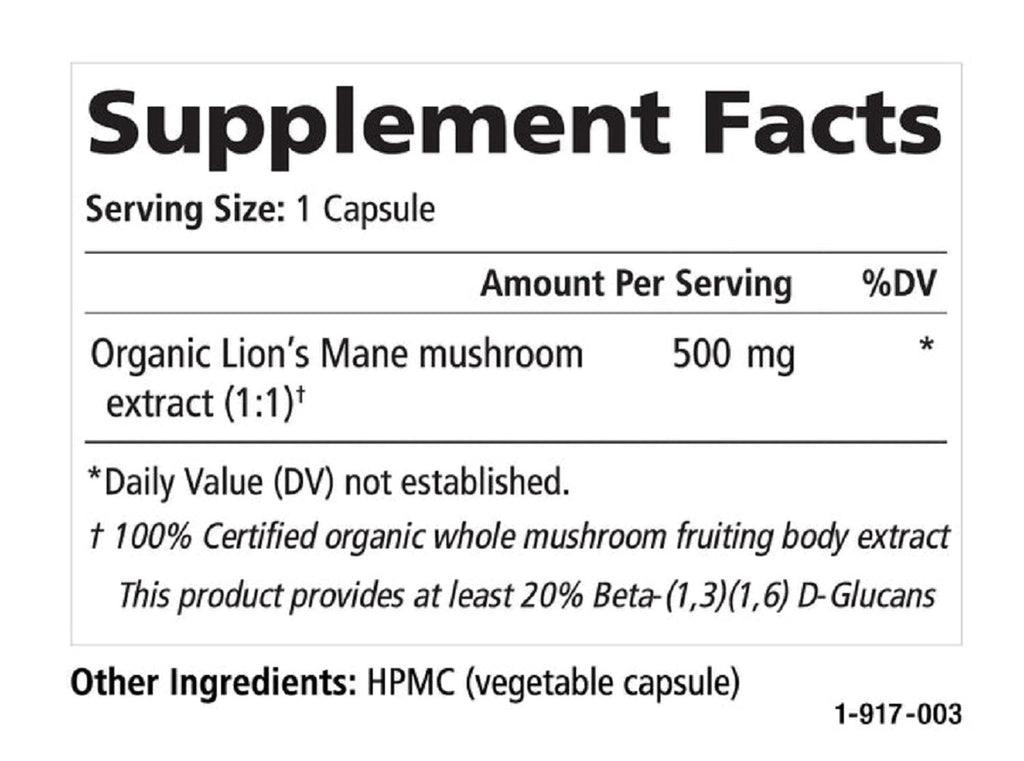Pure Essence, MyPure™ Lion's Mane 30 and 60 Vegi-Caps Ingredients