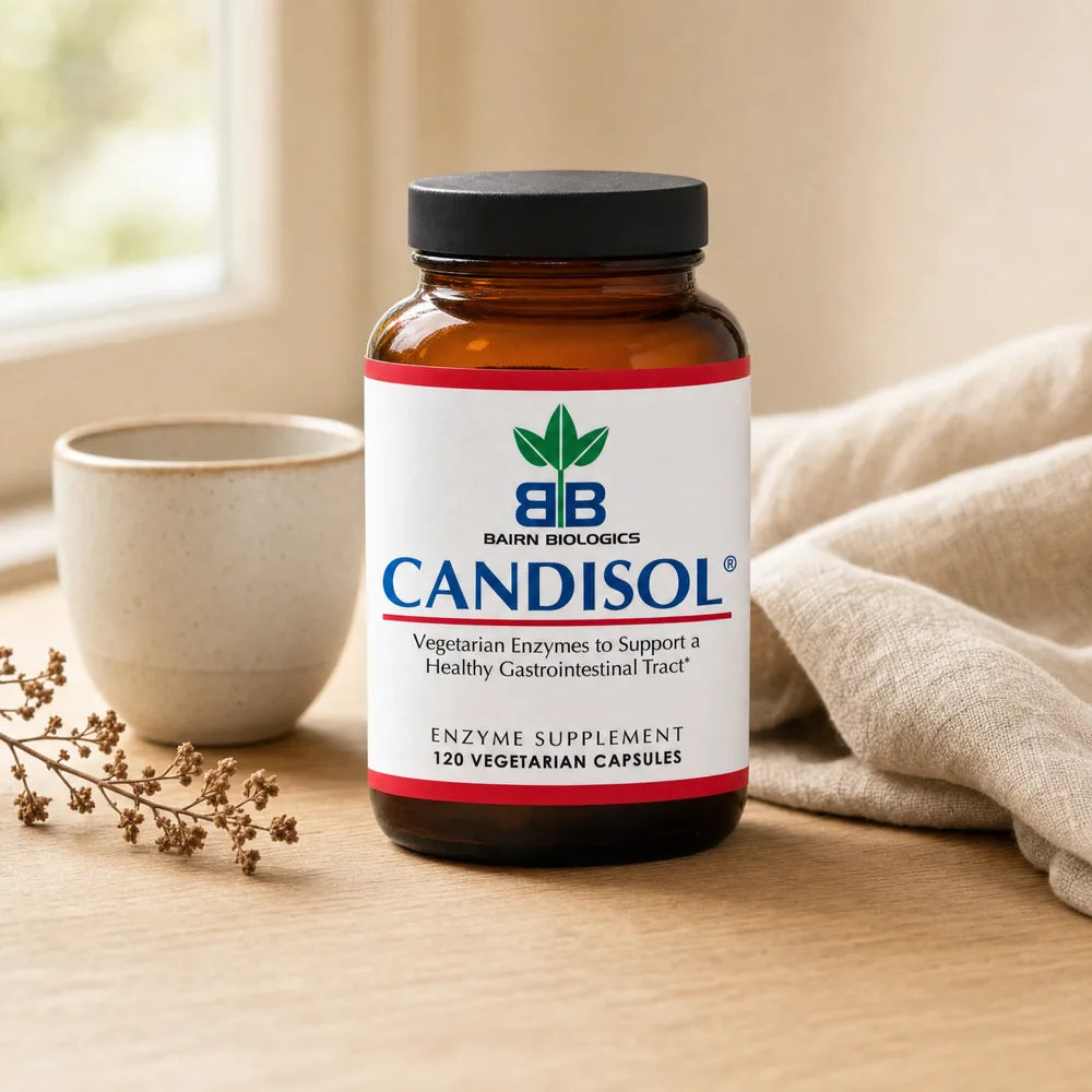 Candisol plant-based enzyme capsules in a calm daily gut-care routine setting