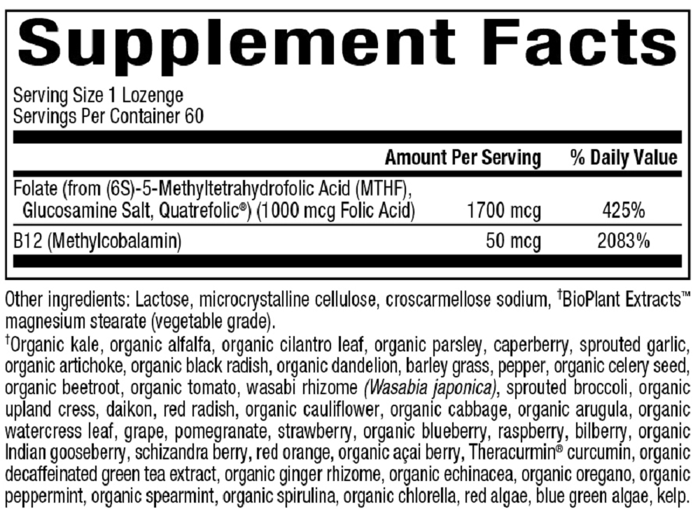 Bioclinic Naturals, 5-MTHF & B12 60 Lozenges Ingredients