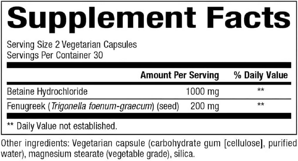 Bioclinic Naturals, Betaine HCL with Fenugreek 60 Veg Caps Ingredients