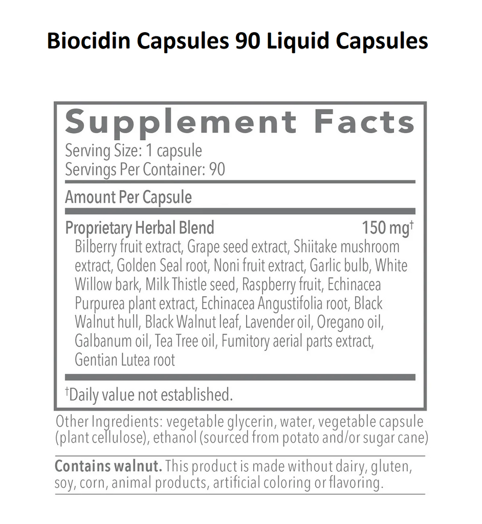 Biocidin Botanicals, Biocidin Capsules 90 Liquid Capsules Ingredients