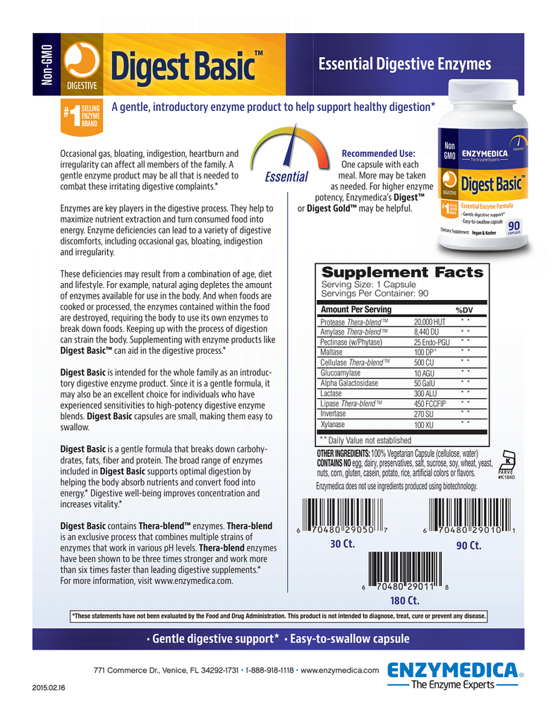 Enzymedica, Digest Basic Capsules Specs Sheet