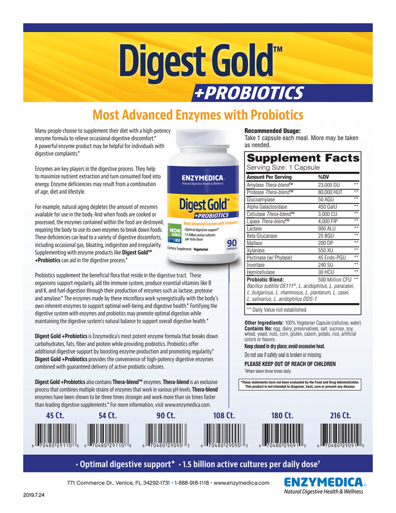 Enzymedica, Digest Gold +PROBIOTICS Capsules Specs Sheet