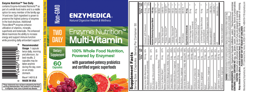 Enzymedica, Enzyme Nutrition Multi-Vitamin Two Daily Specs Sheet