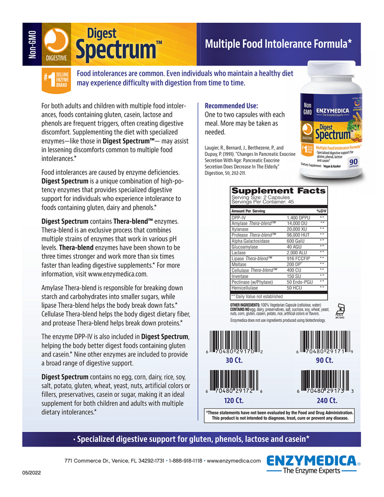 Enzymedica, Digest Spectrum Capsules Specs Sheet