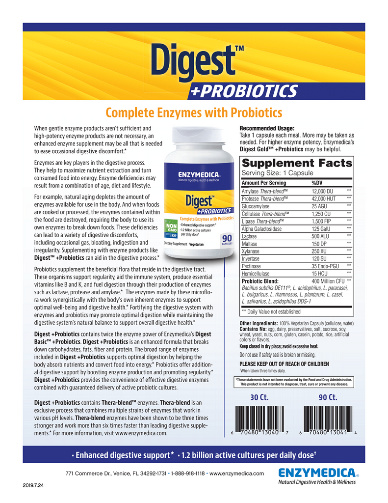 Enzymedica, Digest +PROBIOTICS 30 and 90 Capsules Sheet