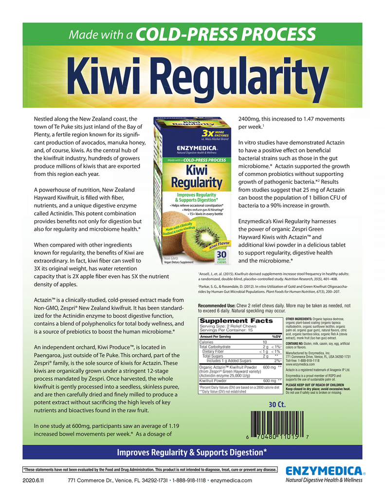 Enzymedica, Kiwi Regularity Chews 30 Capsules Specs Sheet