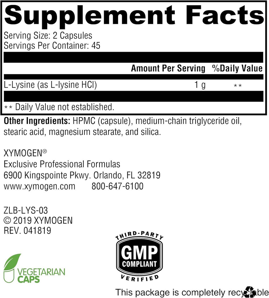 XYMOGEN, L-Lysine 90 Capsules Ingredients