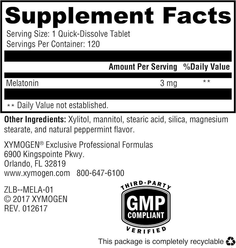 XYMOGEN, Melatonin Peppermint 120 Tablets Ingredients