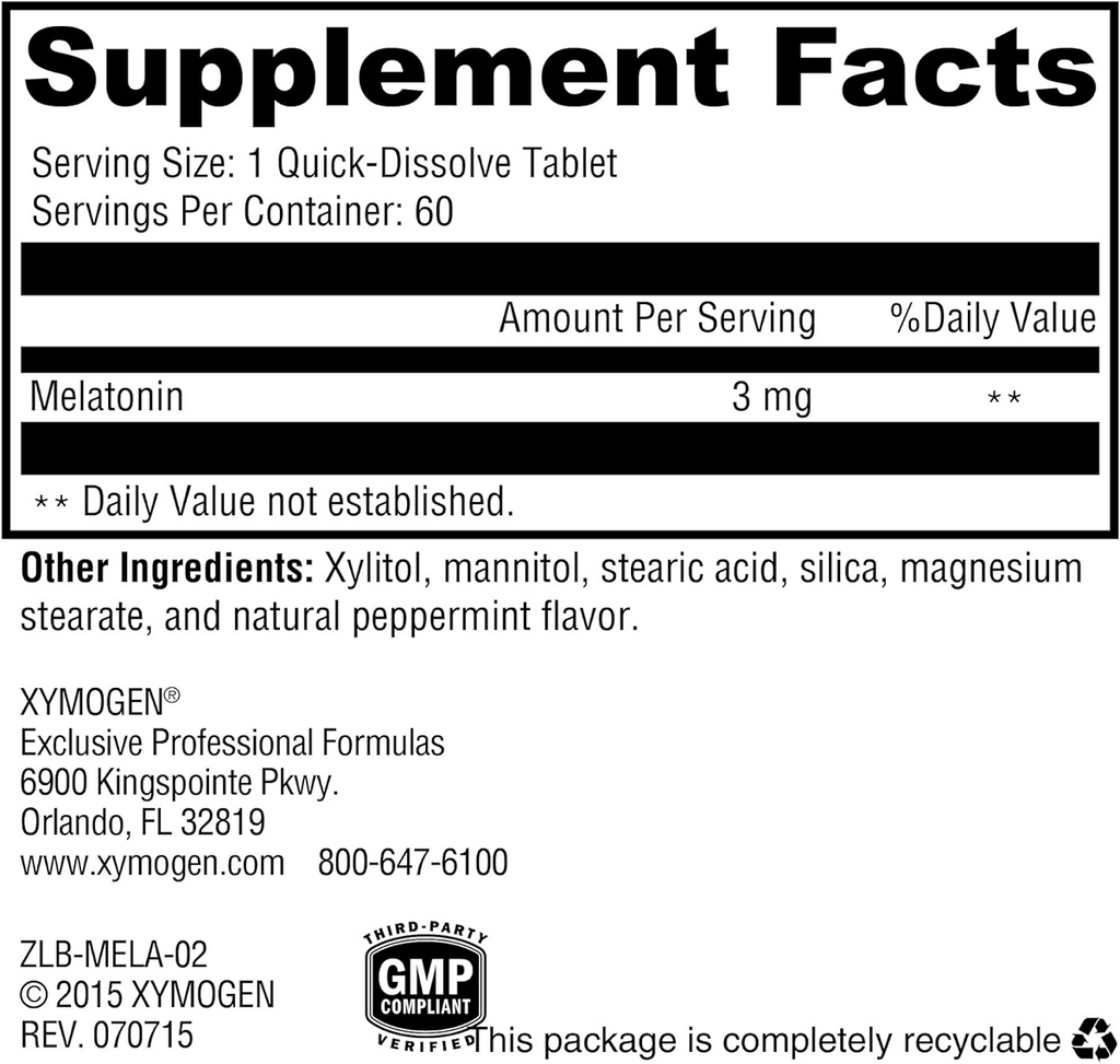 XYMOGEN, Melatonin Peppermint 60 Tablets Ingredients