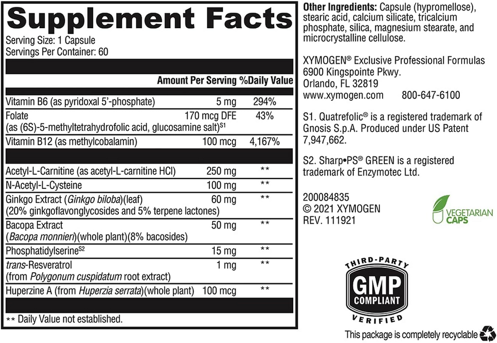 XYMOGEN, MemorAll™ 60 Capsules Ingredients