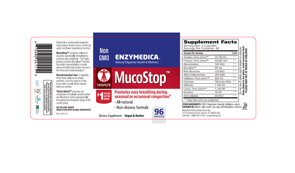 Enzymedica, MucoStop 96 Capsules Specs Sheet