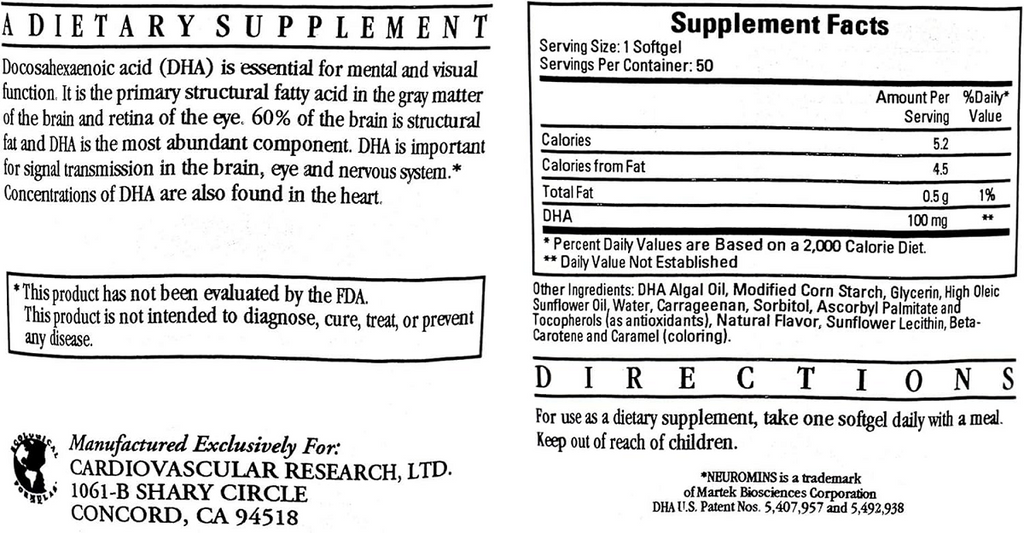 Ecological Formulas, Neuromins DHA 100mg 50 Veg Softgels Ingredients