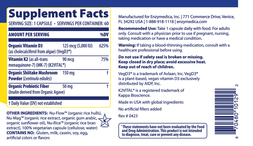 Enzymedica, Organic Vitamin D3 +K2 | 60 Capsules Ingredients