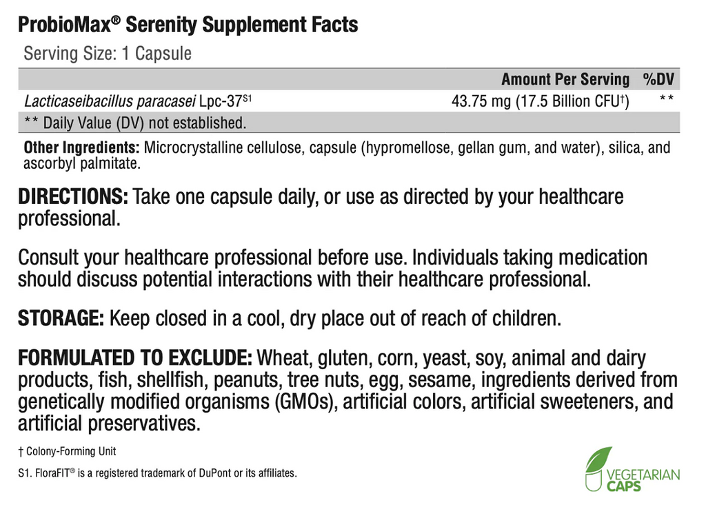 XYMOGEN, ProbioMax Serenity 30 Capsules Ingredients