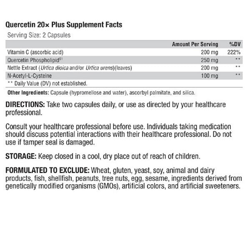 XYMOGEN, Quercetin 20× Plus 60 and 120 Capsules Ingredients