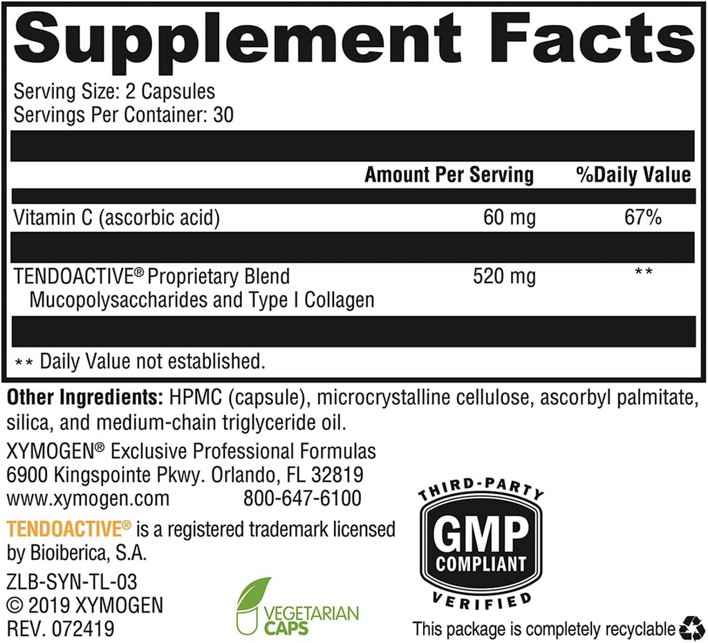 XYMOGEN, SynovX Tendon & Ligament 60 Capsules Ingredients