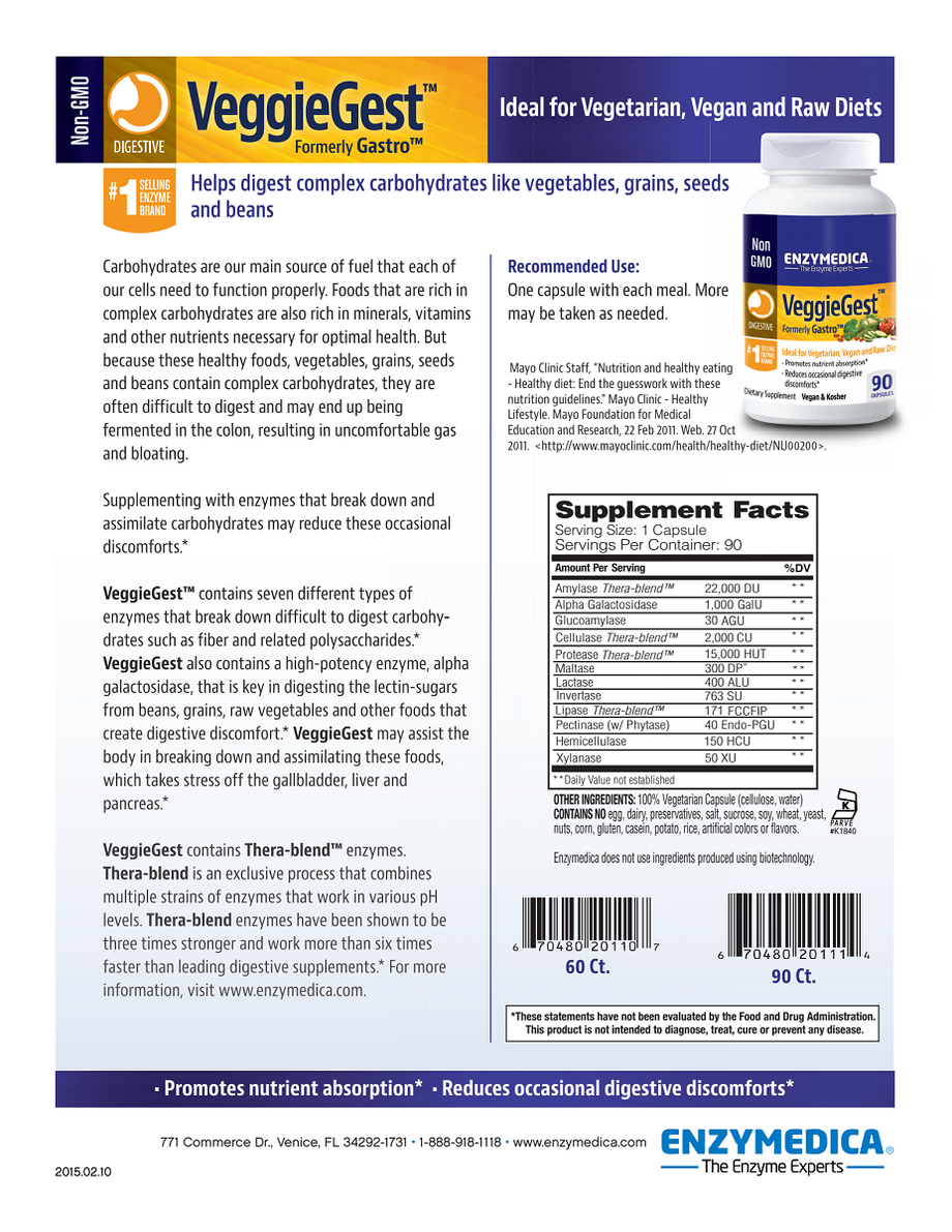 Enzymedica, VeggieGest 60 and 90 Capsules | To Help Reduce