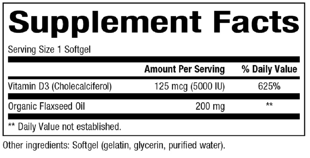 Bioclinic Naturals, Vitamin D3 5000 IU 180 Softgels Ingredients