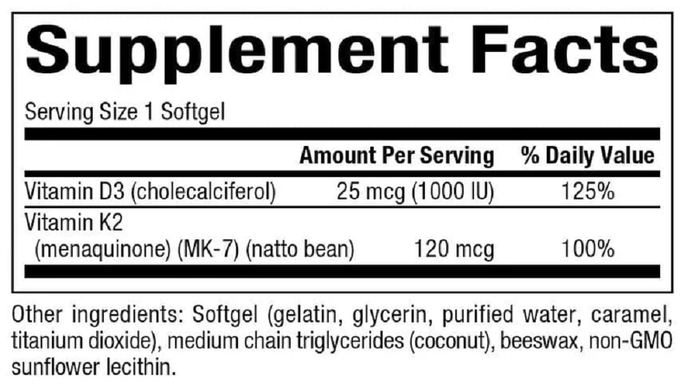 Bioclinic Naturals, Vitamin D3 & K2 60 Softgels Ingredients