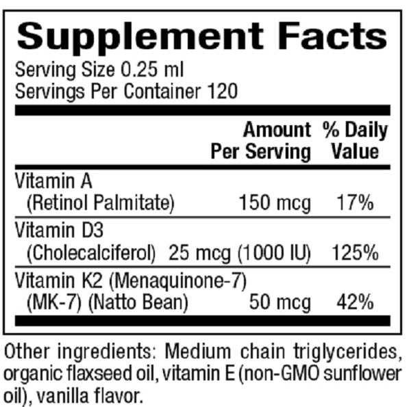 Bioclinic Naturals, Vitamin K2, D3 and A 30 mL Ingredients