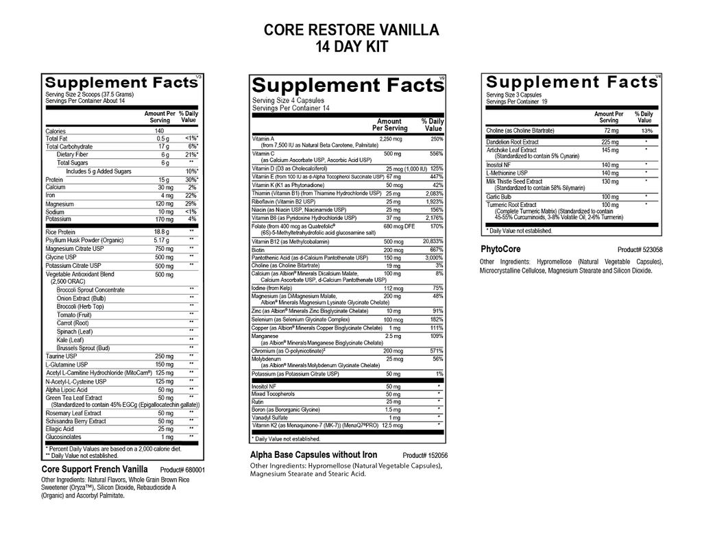 Ortho Molecular, Core Restore® 14-Day Kit (Vanilla) Ingredients