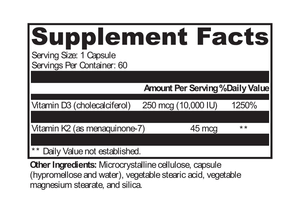 Protocols For Health, D3 10,000 + K2 60 Veg Capsules Ingredients