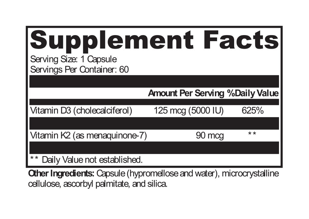 Protocols For Health, D3 5,000 + K2 60 Veg Capsules Ingredients