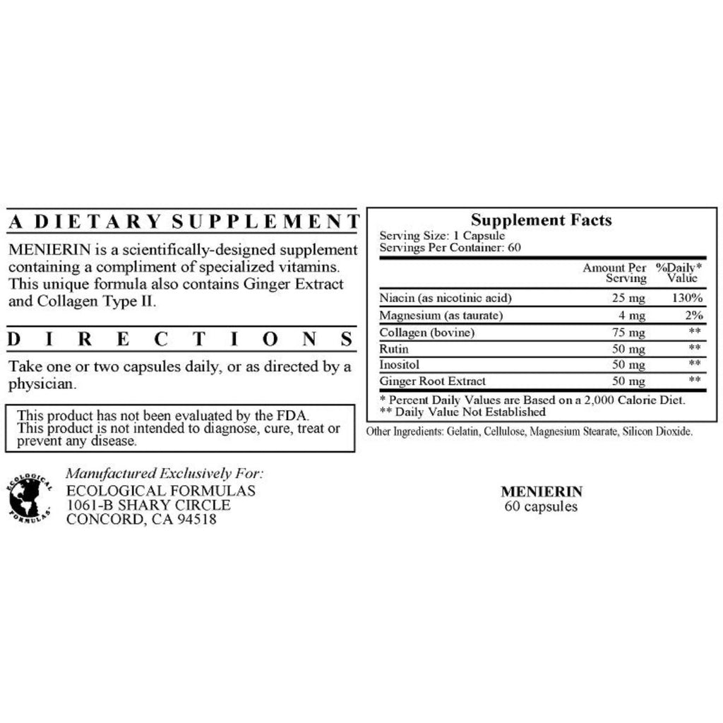 Ecological Formulas, Menierin 60 Capsules Ingredients