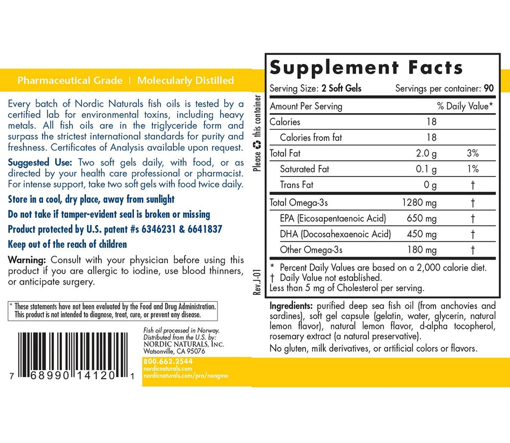 Nordic Naturals, ProOmega Lemon Flavor 1280 mg Softgels Ingredients