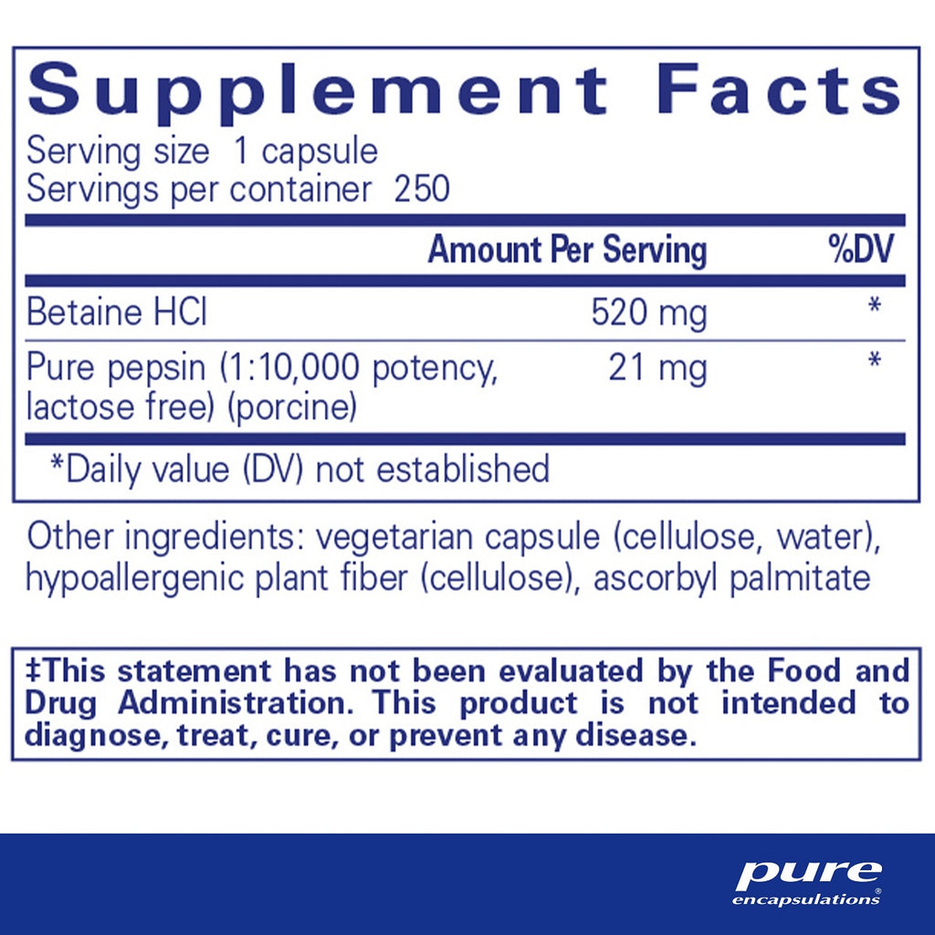 Pure Encapsulations, Betaine HCl Pepsin 250 Capsules Ingredients