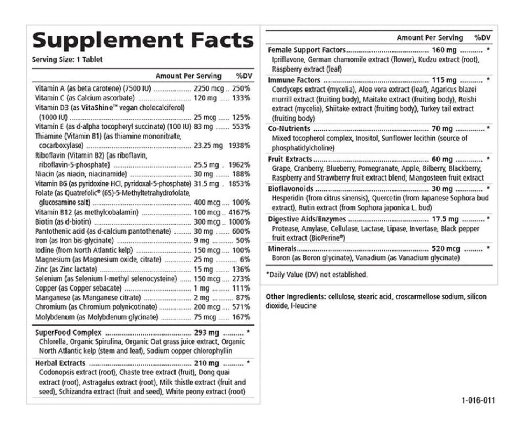 Pure Essence, One 'n' Only™ Women 30 and 90 Tablets Ingredients