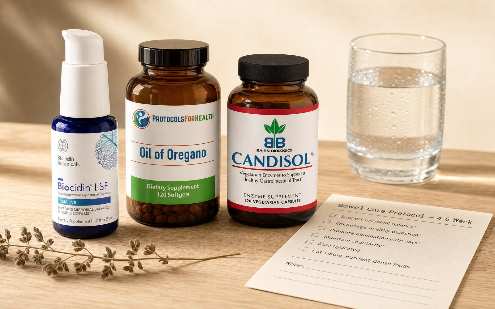 The Bowel Cleanser Bundle. Biocidin LSF, Oil of Oregano, and Candisol arranged with a four-to-six week protocol checklist and a glass of water on a light oak surface