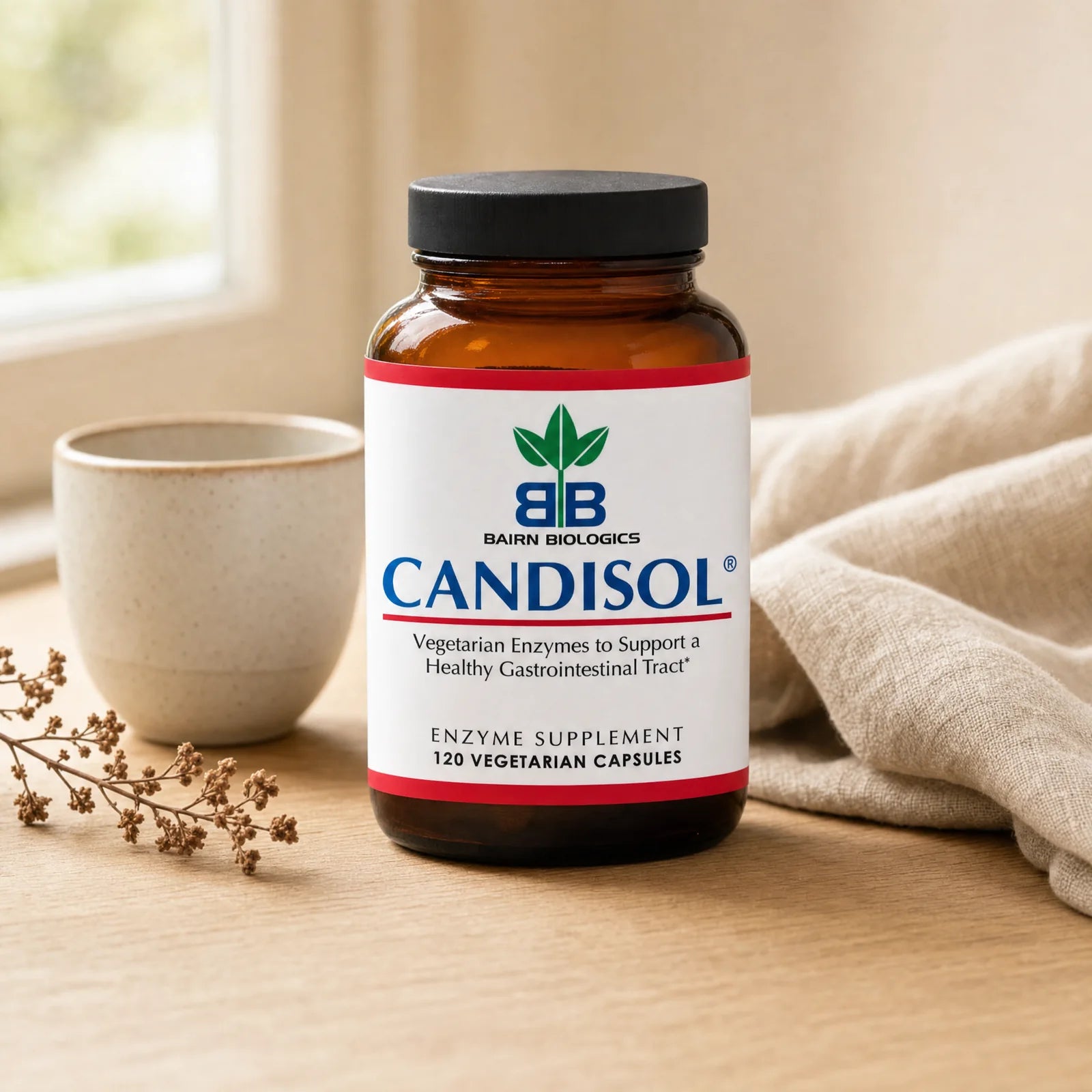 Calm morning gut-care moment, plant-based Candisol enzyme capsules on a light surface