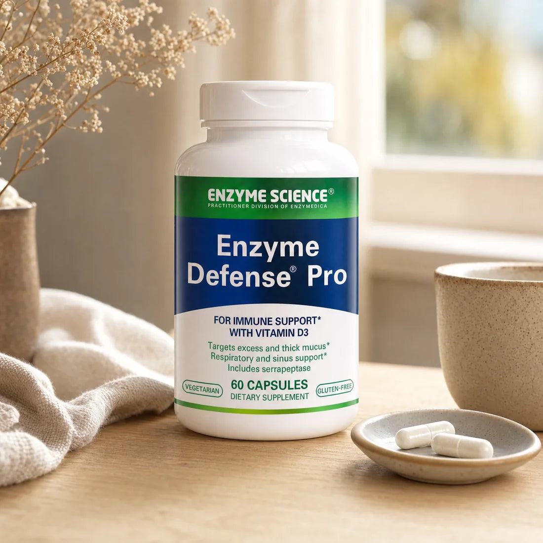 Enzyme Defense Pro bottle with a single capsule on a linen surface, clean vegetarian formula