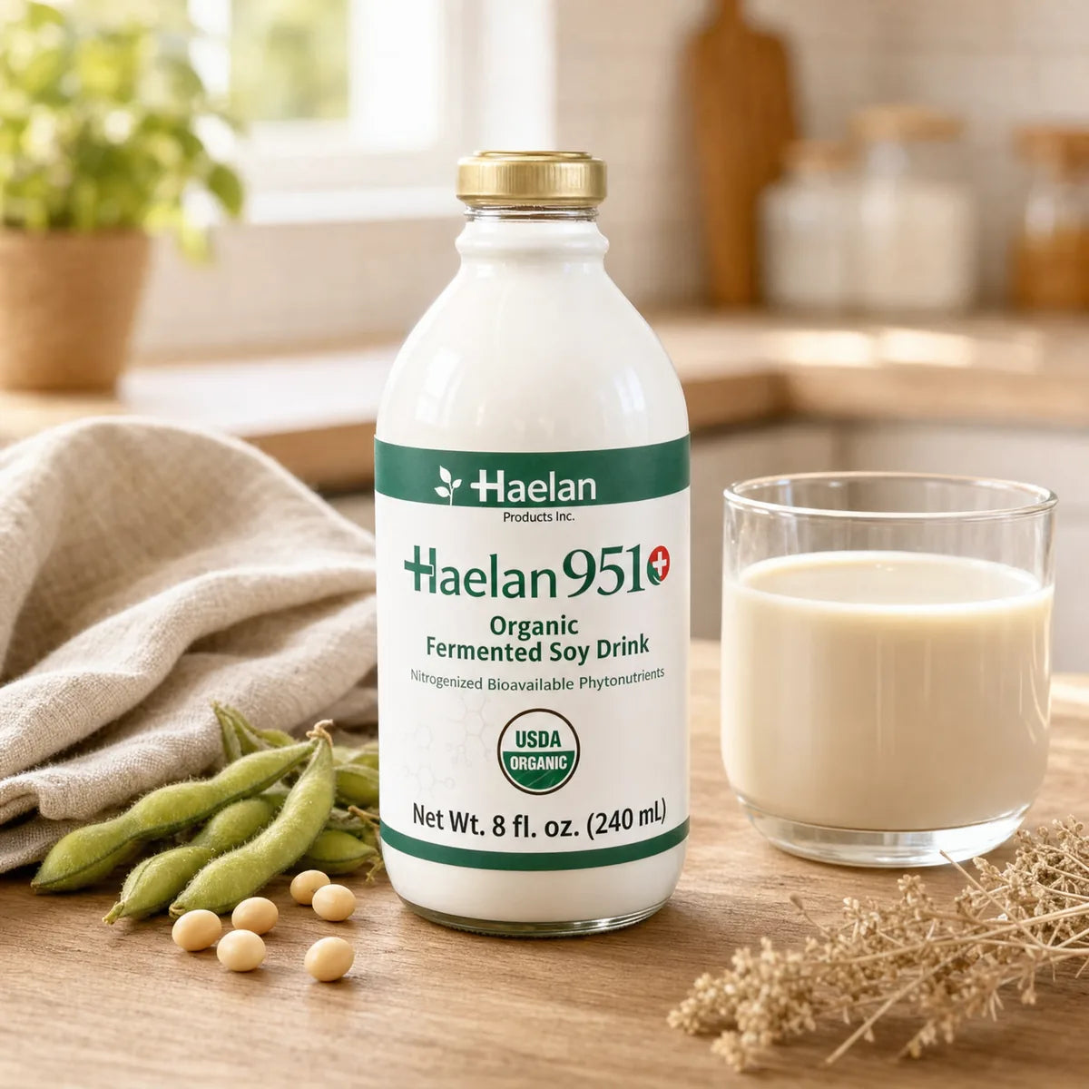 Haelan 951 fermented soy beverage poured into a cup in a bright morning kitchen with soybeans