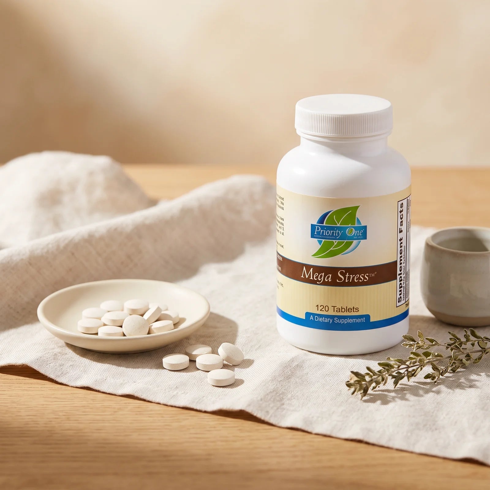 Priority One Mega Stress tablets shown in daily use context for stress and energy support