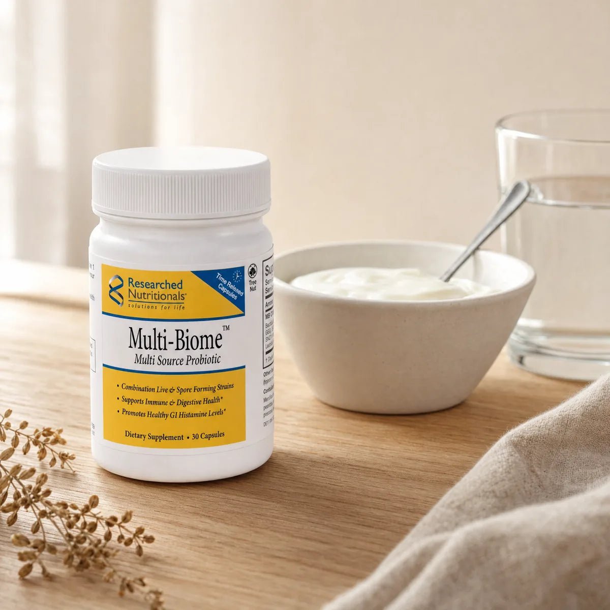 Multi-Biome two-in-one probiotic capsules in a daily gut-health routine setting