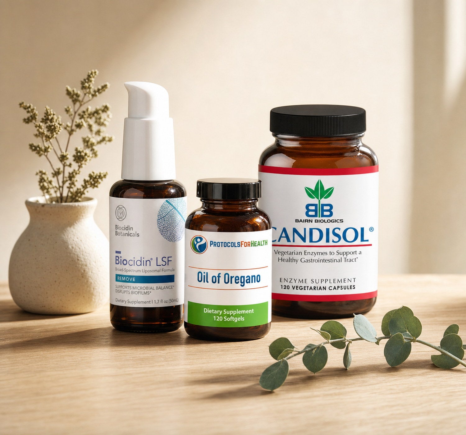 Bowel Cleanser Bundle. Biocidin LSF, Oil of Oregano, and Candisol. A three-formula daily gut-support routine