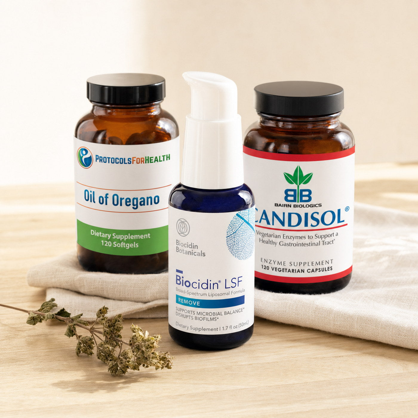 Bowel Cleanser Bundle. Biocidin LSF, Oil of Oregano, and Candisol packaged together as a daily gut-support routine