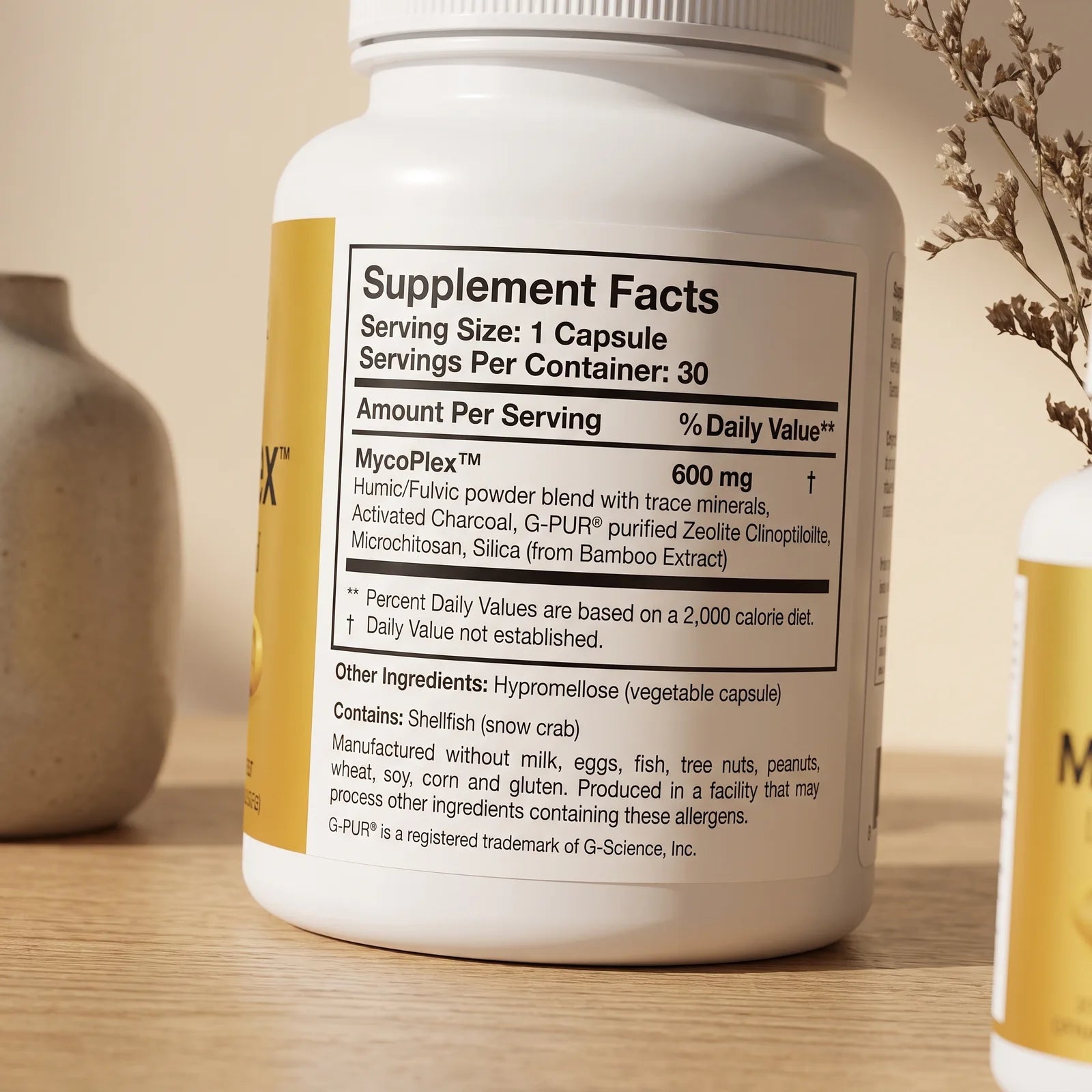 MycoPul label and Supplement Facts detail shot showing the MycoPlex binder complex and dosing