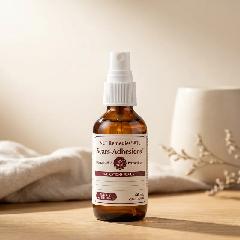 NET Remedies #10 Scars Adhesions amber glass homeopathic spray bottle, plant-based and alcohol-free