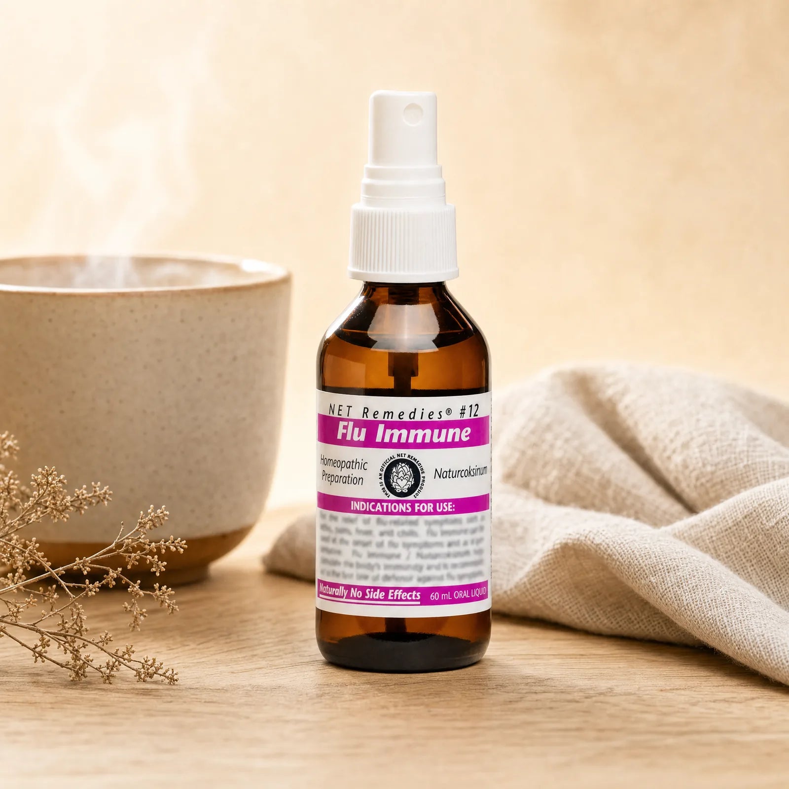 NET Remedies #12 Flu Immune homeopathic flu spray in a warm morning kitchen setting