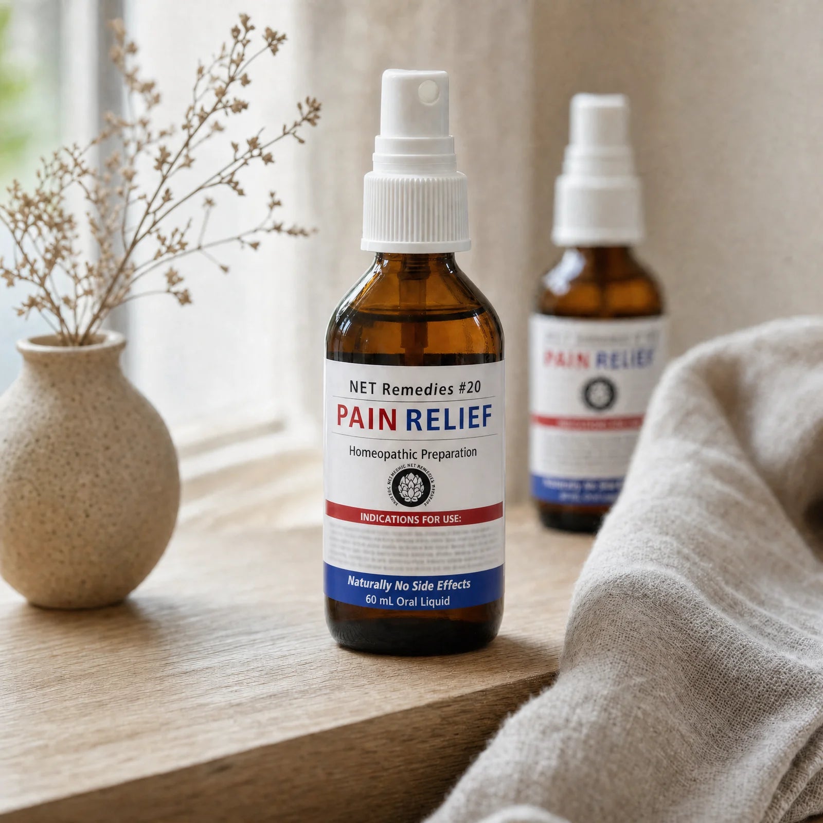 NET Remedies #20 Pain Relief homeopathic oral spray bottle on a wood surface in soft daylight