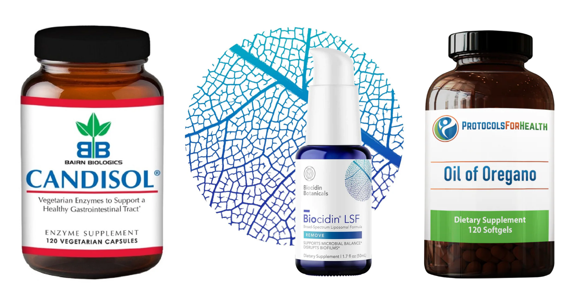 The Bowel Cleanser Bundle by Agape Nutrition. Biocidin LSF, Oil of Oregano, and Candisol arranged together.